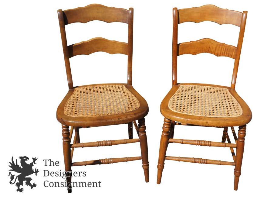 The Designers Consignment Dayton's Premier Consignment Gallery 2 Antique Maple Ladder Back Cane Seat Side Chairs Turned Spindle Leg Scalloped - The Designers Consignment Dayton's Premier Consignment Gallery