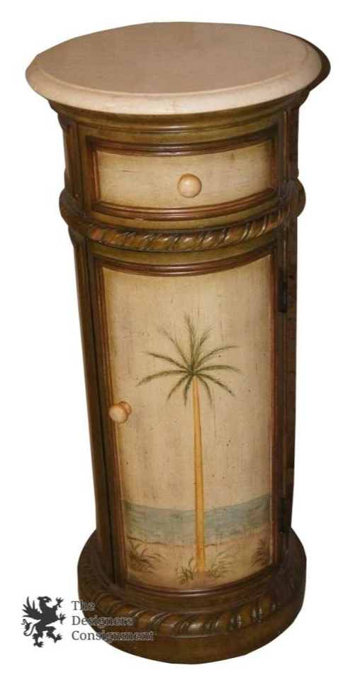 The Designers Consignment Dayton S Premier Gallery Beautiful Hand Painted Drum Table Cabinet W Palm Tree Florida Beach Stone Top
